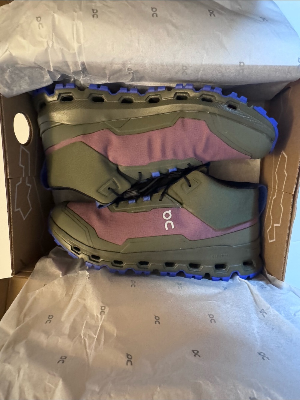 On Running Kids Trail Sneakers - Olive & Cherry with Blue Outsole Waterproof 6.5